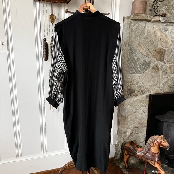 Vintage Silk Striped Balloon Sleeve Black Midi Dress - Picture 9 of 10